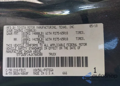 2018 Toyota Tundra Sr5 5.7L V8 from USA, damaged, VIN 5TFDW5F14JX760308